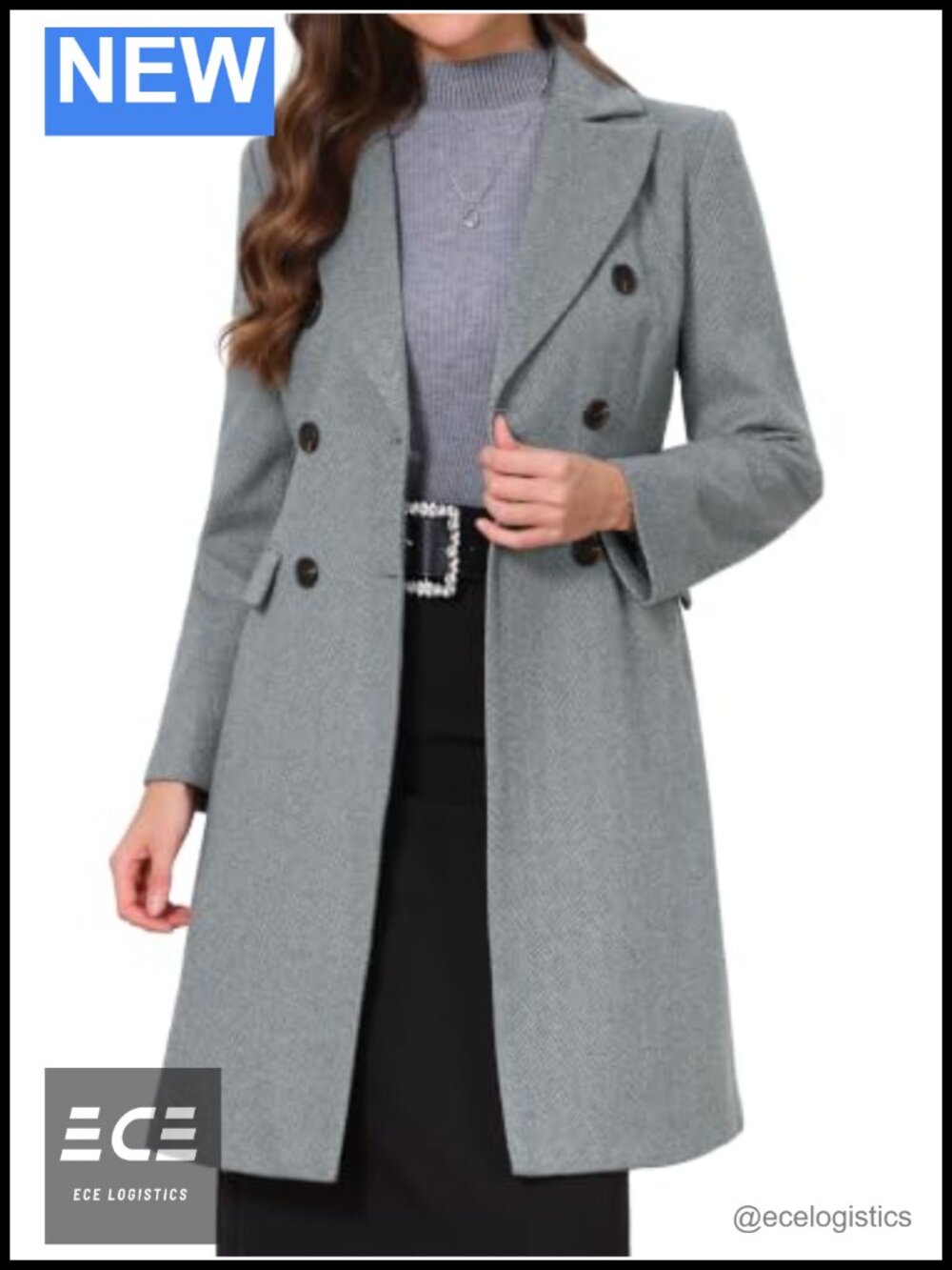 Women's Herringbone Pea Coat Double Breasted Notch Lapel Winter Work Office